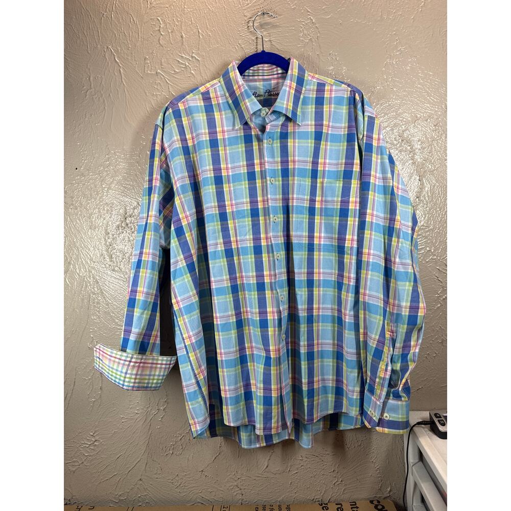 Alan Flusser Men's Long Sleeve Button Front Cotton Plaid Flip Cuff Shirt Size XL